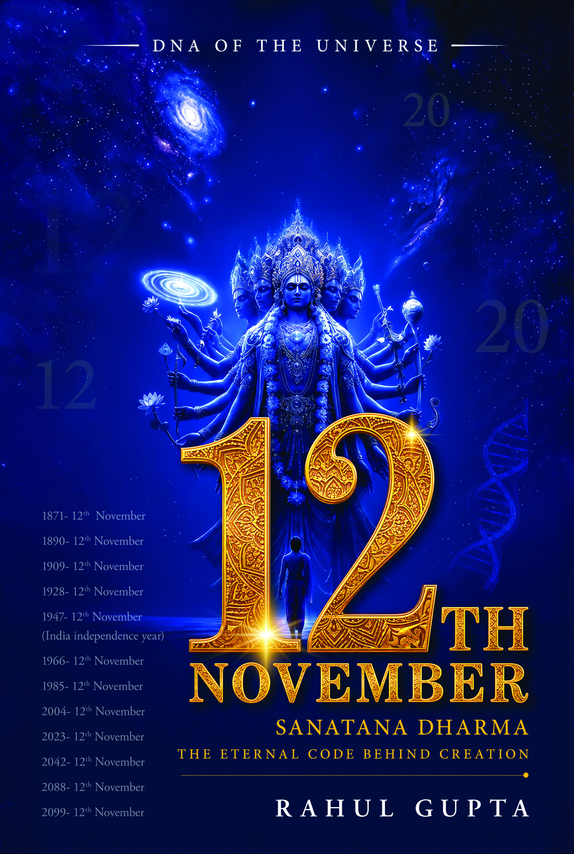 12th November by Rahul Gupta, book cover with an ornate golden 12 and a blue multi-armed form